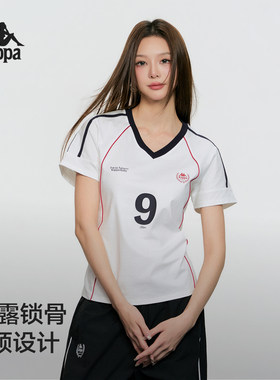 卡帕女V领短袖撞色运动T恤