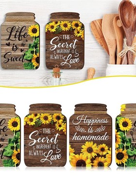 4Pcs Wall Decor Mason Jar Shape Wooden Signs Rustic Sunflowe
