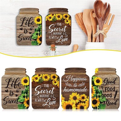 4Pcs Wall Decor Mason Jar Shape Wooden Signs Rustic Sunflowe