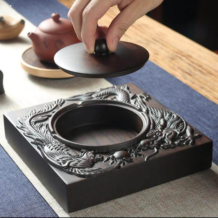 喜阳阳精品黑檀实木带盖子菸灰缸大号客厅家用中式个性复古菸缸手