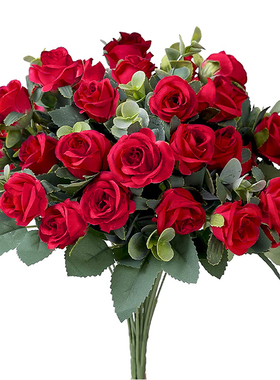 11 Heads Artificial Flower Roses Bouquet Eucalyptus White Pe