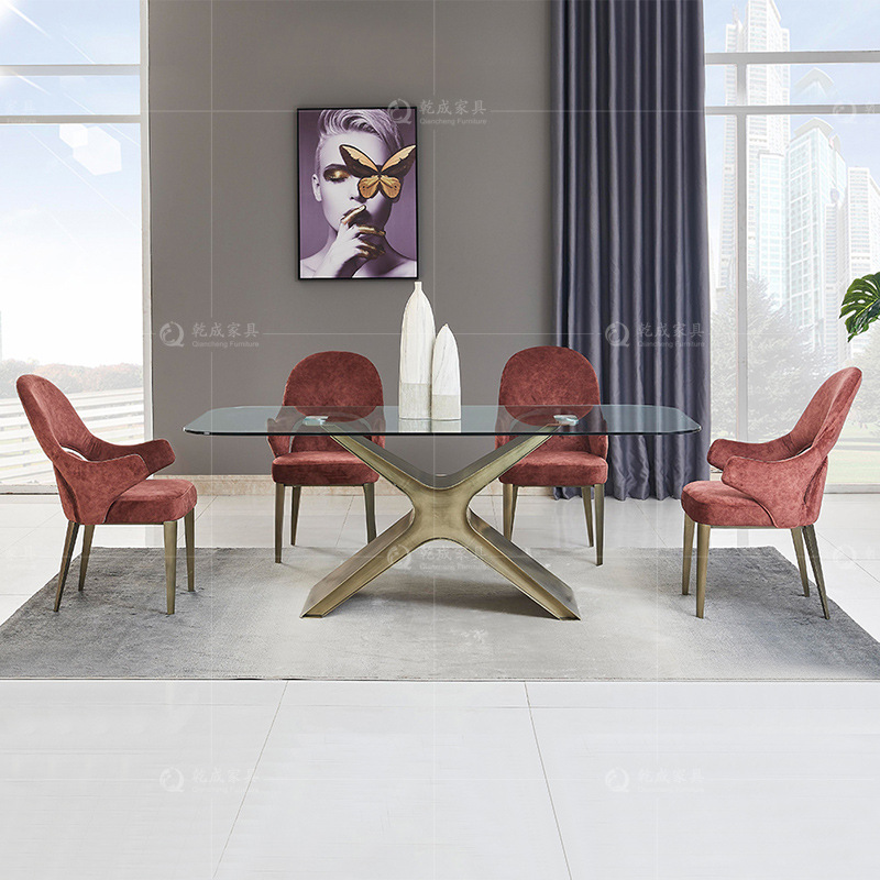 现代简约钢化玻璃餐桌椅组合复古铁艺创意长方形饭桌家用饭厅桌子