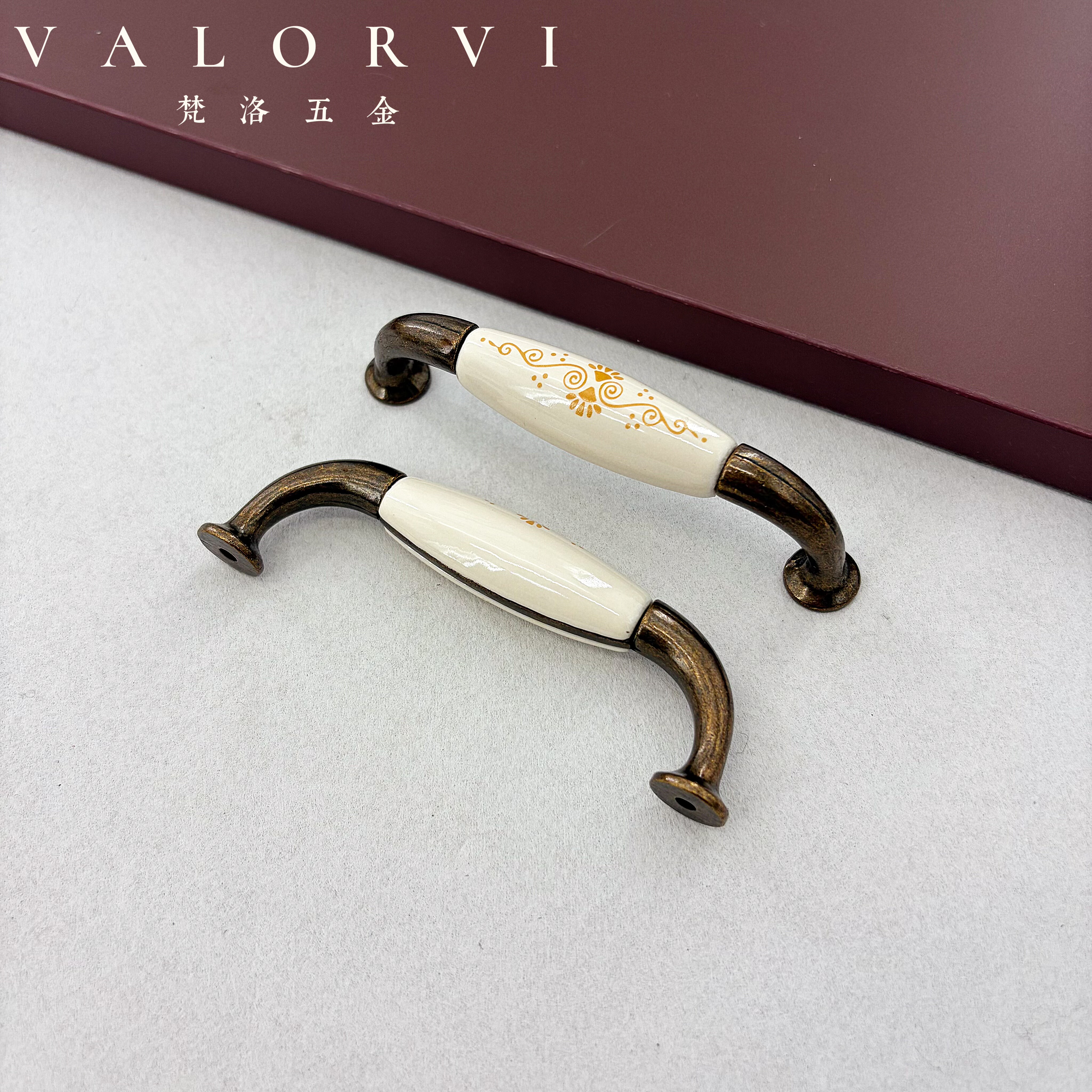 梵洛VALORVI美式田园风衣柜门拉手中式橱柜子陶瓷仿古铜门把手