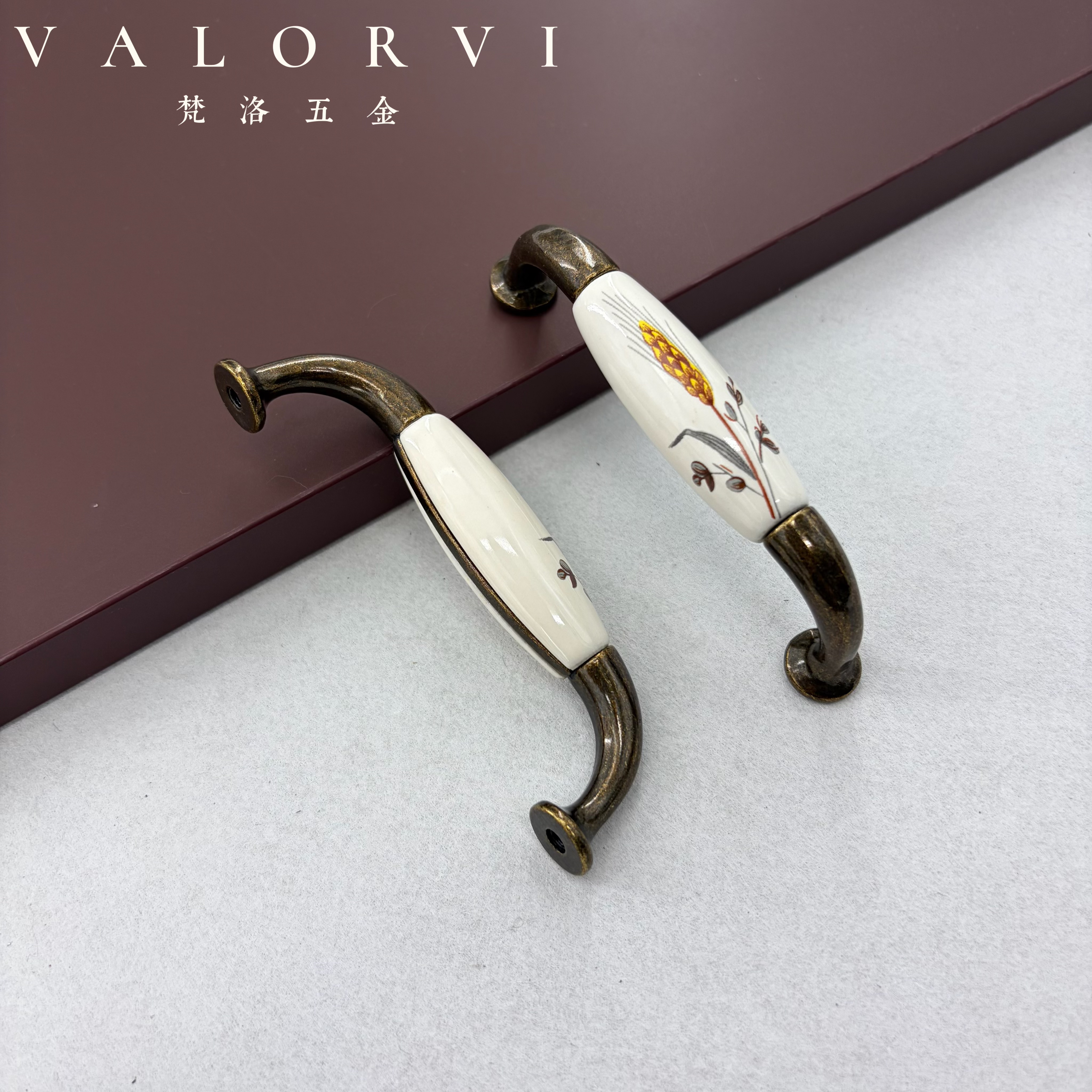 梵洛VALORVI美式麦穗田园衣柜门拉手中式橱柜子陶瓷仿古铜门把手