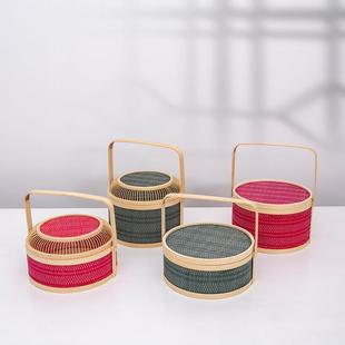 直销新款中秋节装月饼端午节装粽子手工圆形食盒收纳盒空礼盒竹篮