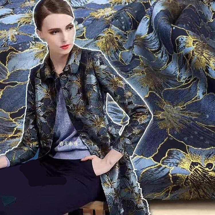 新款直销高精密织金金丝蓝色大花朵提花色织面料女款西装手提包欧
