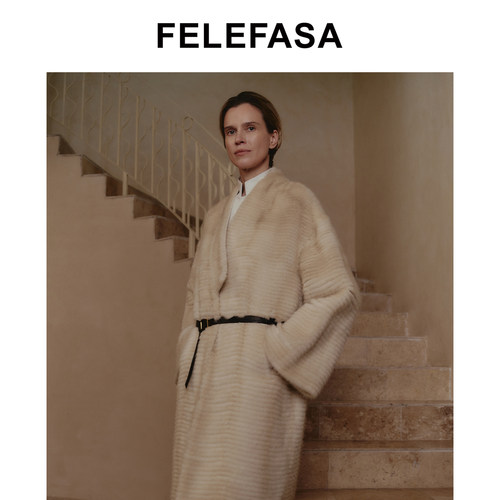 FELEFASA斐梵萨冬女装 哥本哈根本色米黄水貂系带皮草大衣外套