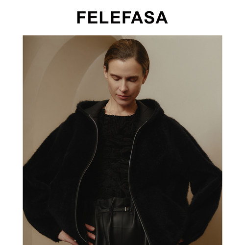 FELEFASA斐梵萨冬女装 拉贡Lacon皮毛一体双面穿连帽夹克外套