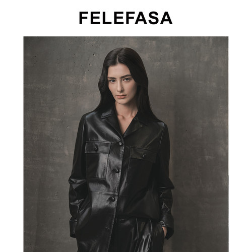 FELEFASA斐梵萨女装 26秋新款女士古巴领Bonaudo牛皮衬衣皮衣外套