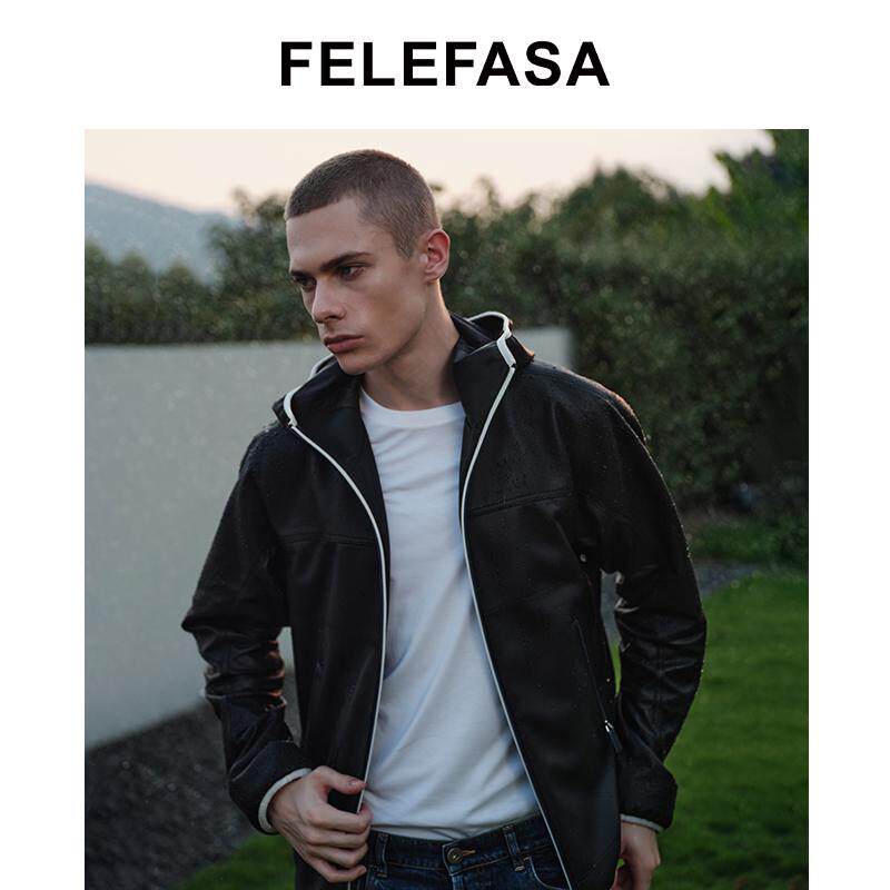 FELEFASA斐梵萨男装 Bonaudo羊皮防风连帽夹克皮衣外套
