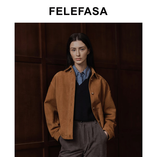 FELEFASA斐梵萨女装 26秋新女士绒面羊皮休闲夹克皮衣外套