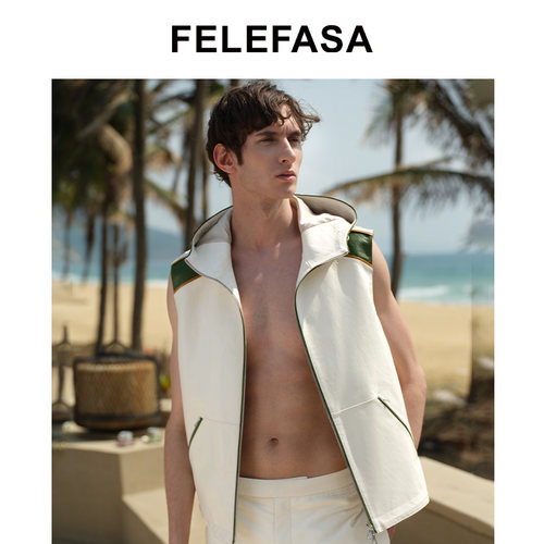 FELEFASA斐梵萨26夏男装 Bonaudo牛皮撞色连帽马甲皮衣外套