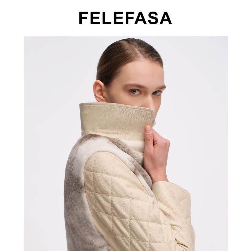 FELEFASA斐梵萨女装 十字貂拼鹿皮短款翻领束腰皮草夹克外套