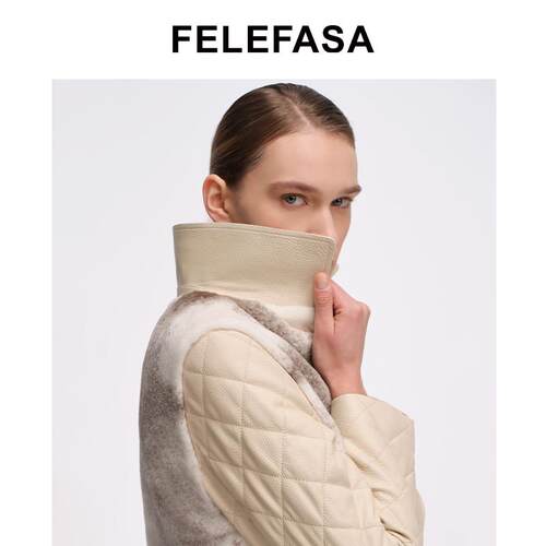 FELEFASA斐梵萨女装 十字貂拼鹿皮短款翻领束腰皮草夹克外套