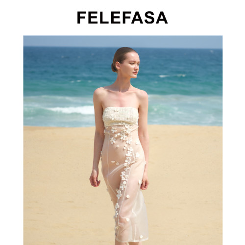 FELEFASA斐梵萨26夏女装 真丝拼镂空斯瓦卡拉抹胸连衣裙
