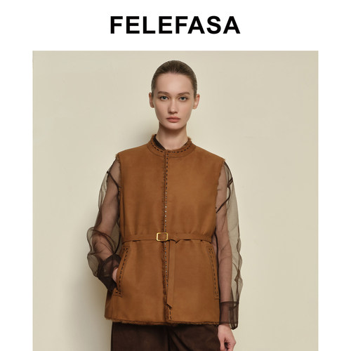 FELEFASA斐梵萨秋女装 拉贡羊毛Bonaudo牛皮双面穿系带马甲外套