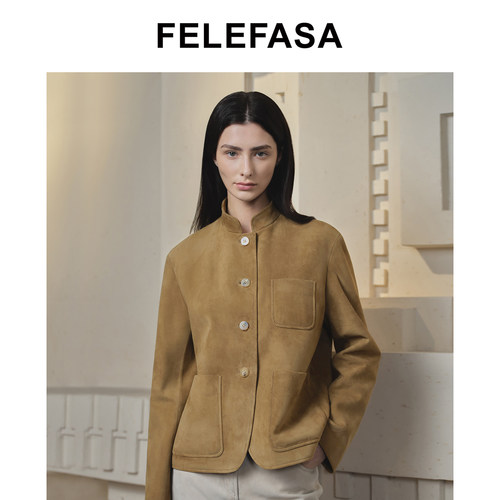FELEFASA斐梵萨女装 26秋新 女士立领进口绒面羊皮便装皮衣外套