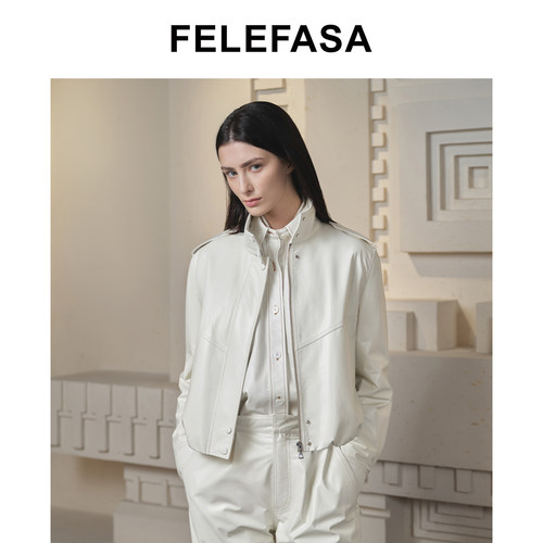 FELEFASA斐梵萨女装 26秋新Bonaudo牛皮短款立领束腰夹克皮衣外套