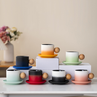 北欧风渐变色陶瓷咖啡杯木质把手简约百搭茶杯套装送礼