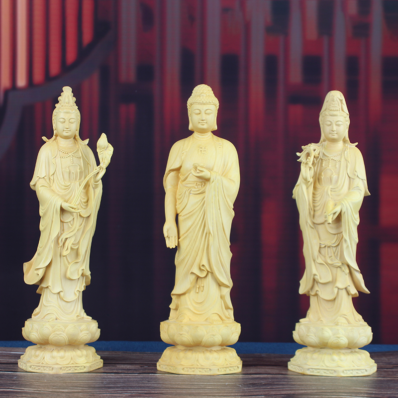 黄杨木雕摆件西方三圣居家风水佛像佛堂供奉实木阿弥陀佛观音菩萨