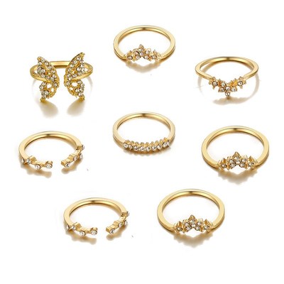 Full diamond butterfly opening ring set 8-piece set戒指套装