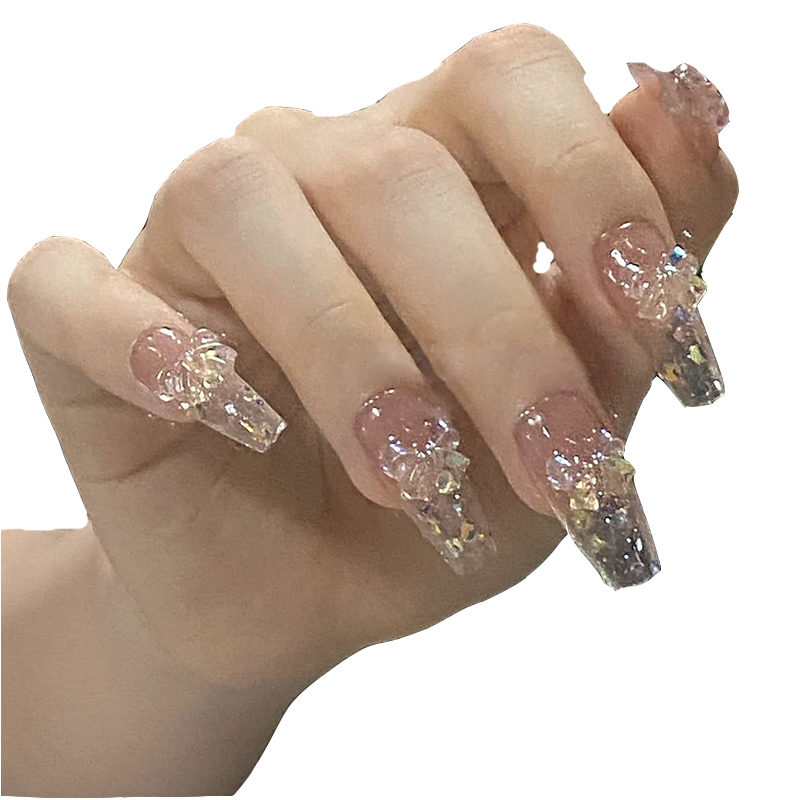 清透极光蝴蝶结美甲手工制作成品假指甲贴片光疗显白可拆卸穿戴甲