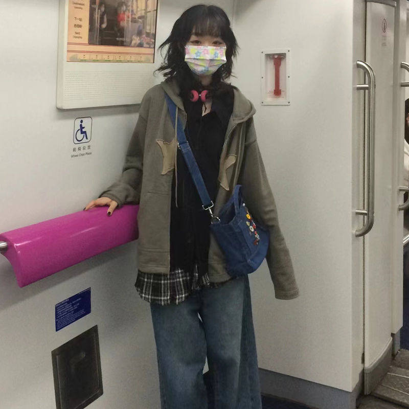 Vintage Sweatshirt Women Casual Star Patch Designs Zip up Ho