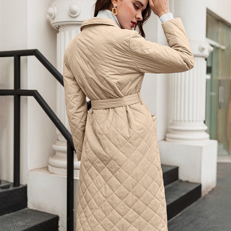 Simplee Long straight winter coat with rhombus pattern Casua