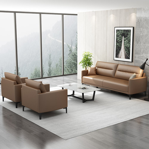 北欧办公室沙发皮艺休闲现代商务轻奢简约会客接待三人位茶几组合