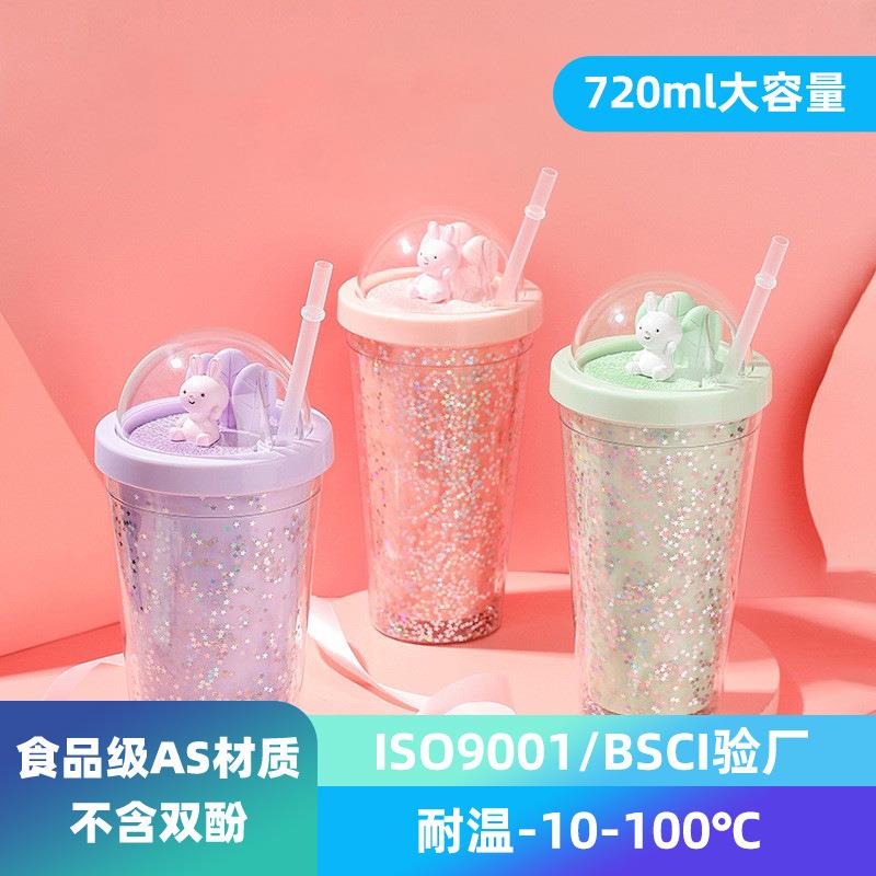 新款直销网红高颜值夏季儿童卡通塑料水杯女学生便携定制双层吸管