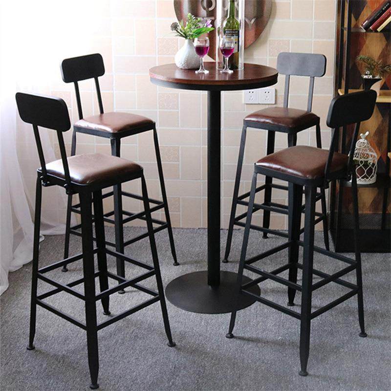 直销新款铁艺复古高脚椅吧台凳实木桌椅组合酒吧高吧椅小圆方桌皮
