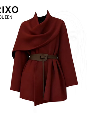 RIXO QUEEN大码胖妹妹法式红色斗篷毛衣外套女冬收腰针织圣诞战袍
