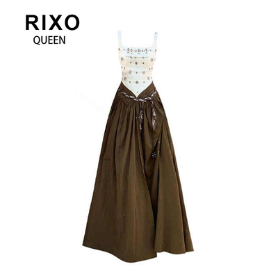 RIXO QUEEN法式复古方领拼接吊带裙2026夏季修身显瘦高级感A字裙