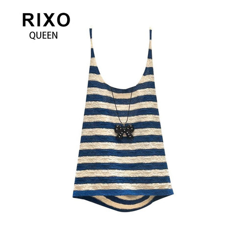 RIXO QUEEN蓝白条纹辣妹挂脖针织吊带背心女2026春美背露背短上衣