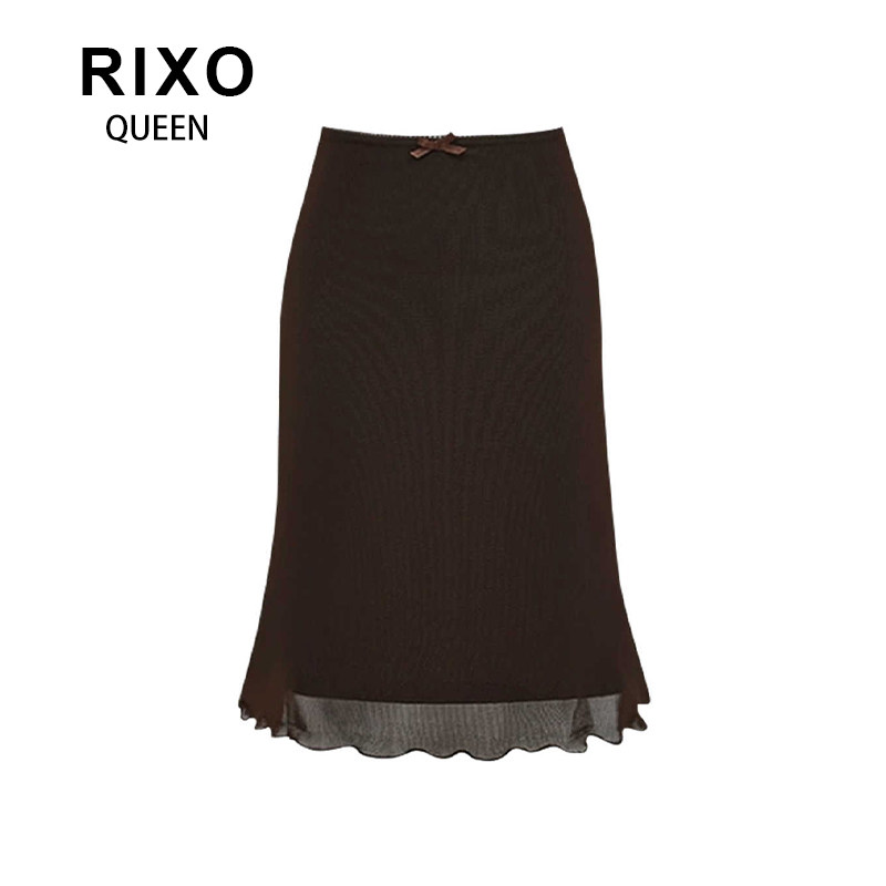 RIXO QUEEN欧美风复古纯色花边网纱半身裙2026夏纯欲包臀修身短裙