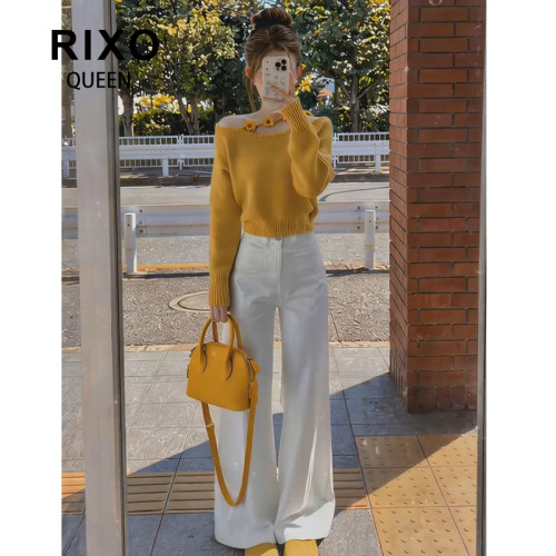 RIXO QUEEN韩系花朵斜领露肩设计感针织上衣女春季2026新黄色毛衣