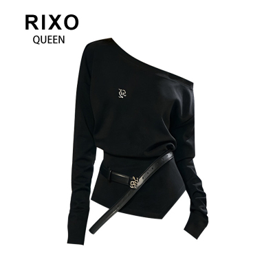 RIXO QUEEN韩系慵懒风斜肩不规则收腰卫衣女秋季辣妹显瘦刺绣上衣