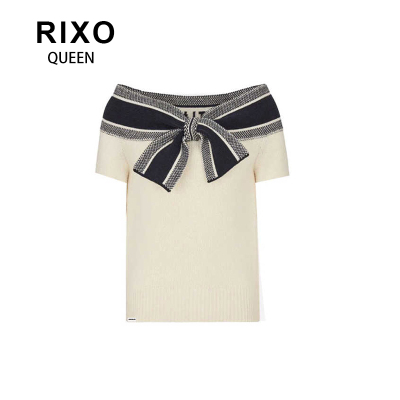RIXO QUEEN蝴蝶结短袖针织衫T恤2026新款法式一字肩设计上衣