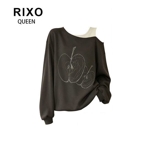 RIXO QUEEN苹果印花露肩假两件卫衣女秋季新款宽松百搭减龄上衣
