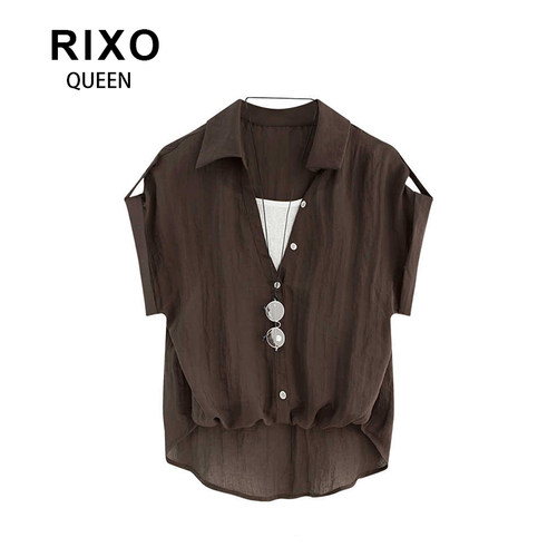 RIXO QUEEN短袖衬衫女夏新款韩系撞色假两件v领花苞上衣显瘦衬衣