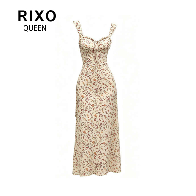 RIXO QUEEN法式气质方领碎花吊带连衣裙女夏2026显瘦修身度假长裙