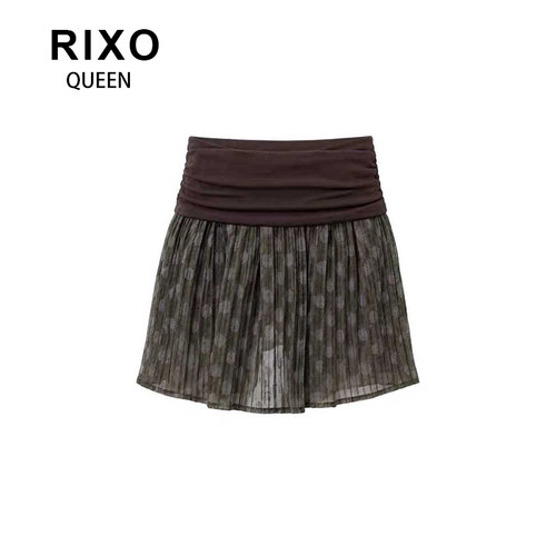 RIXO QUEEN波点拼接腰头半身裙海边度假风肌理感压褶轻薄透气短裙
