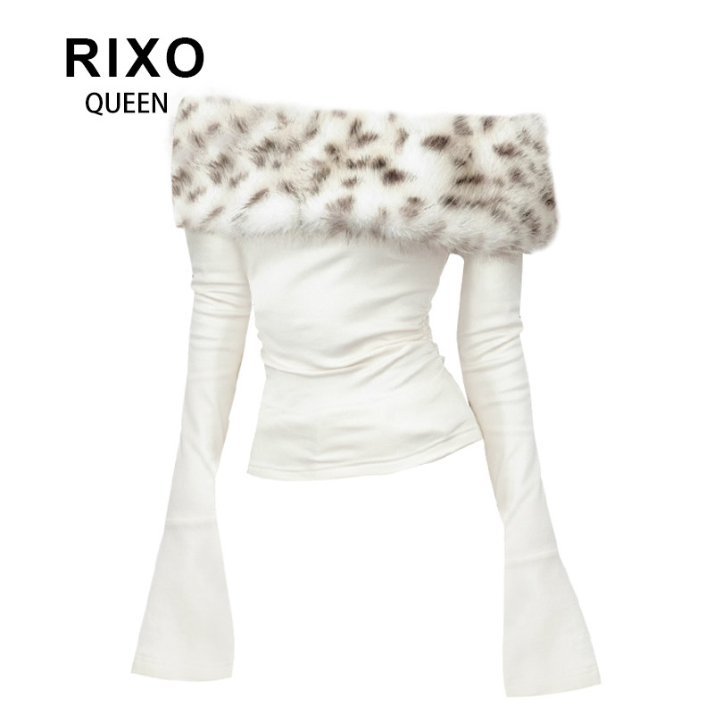 RIXO QUEEN美式辣妹毛毛领一字肩长袖T恤秋修身收腰露肩绝美上衣
