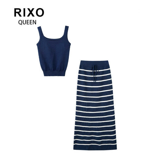 RIXO QUEEN韩系复古气质减龄针织吊带背心半身裙时尚套装女夏季