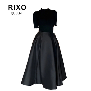RIXO QUEEN赫本风时尚套装纯色正肩五分袖上衣秋季收腰法式小黑裙