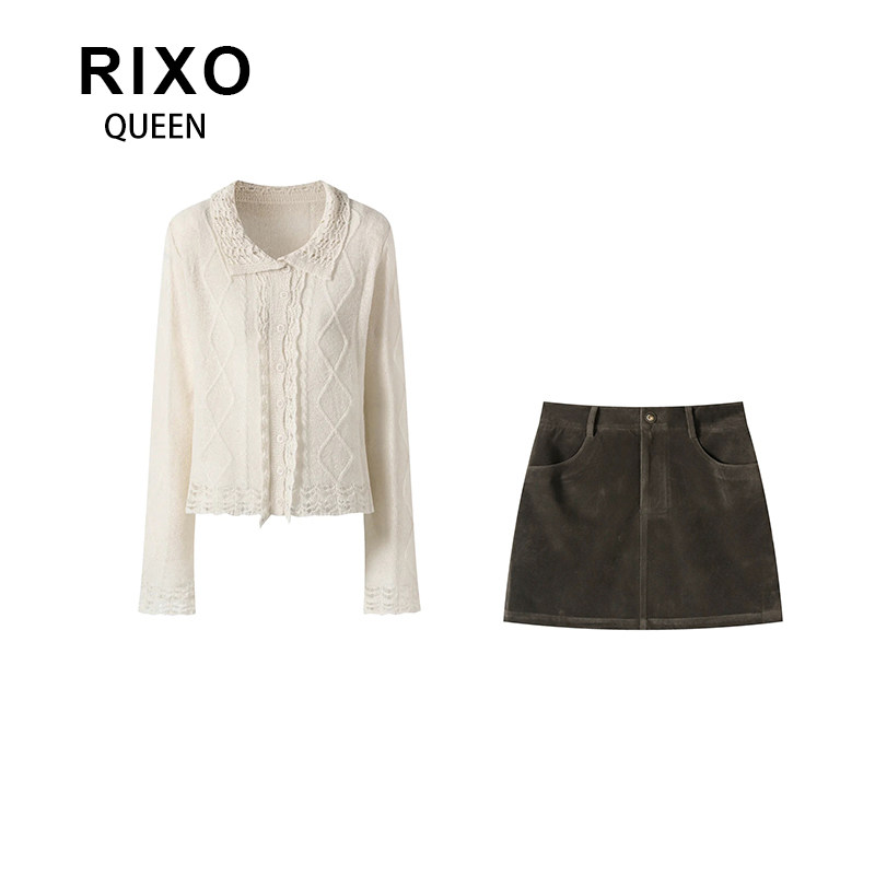 RIXO QUEEN法式杏色蕾丝翻领镂空针织衫女2026秋季薄款显瘦开衫图片