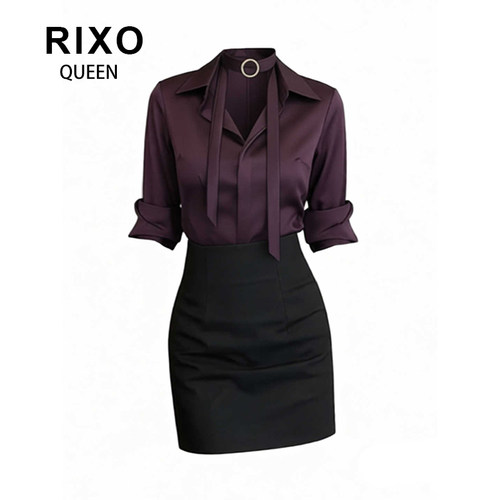 RIXO QUEEN职场通勤风紫色Polo领系带衬衫包臀裙套装2026秋两件套
