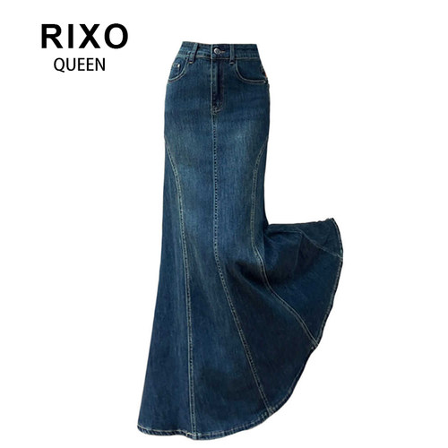 RIXO QUEEN复古水洗牛仔半身裙女春秋弹力高腰a字包臀鱼尾长裙子