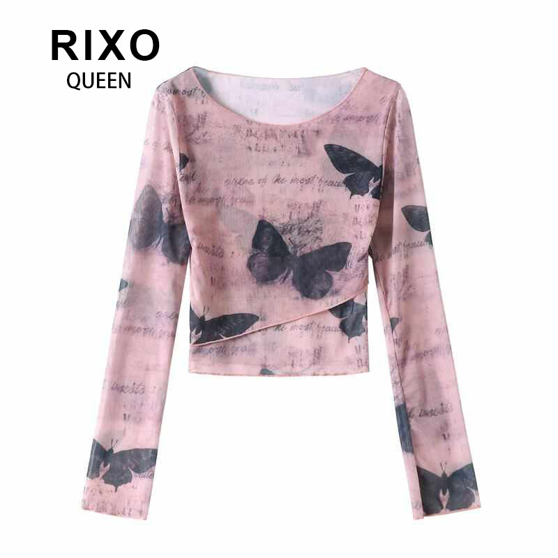 RIXO QUEEN做旧粉色蝴蝶印花长袖辣妹修身显瘦网纱上衣女透视T恤