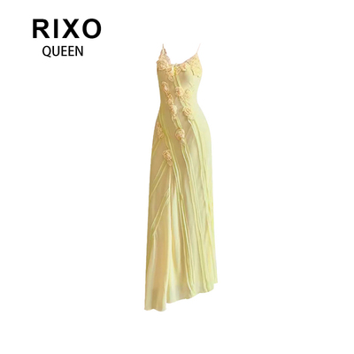 RIXO QUEEN法式纯欲V领立体花吊带裙2026春夏纯欲修身度假长裙女